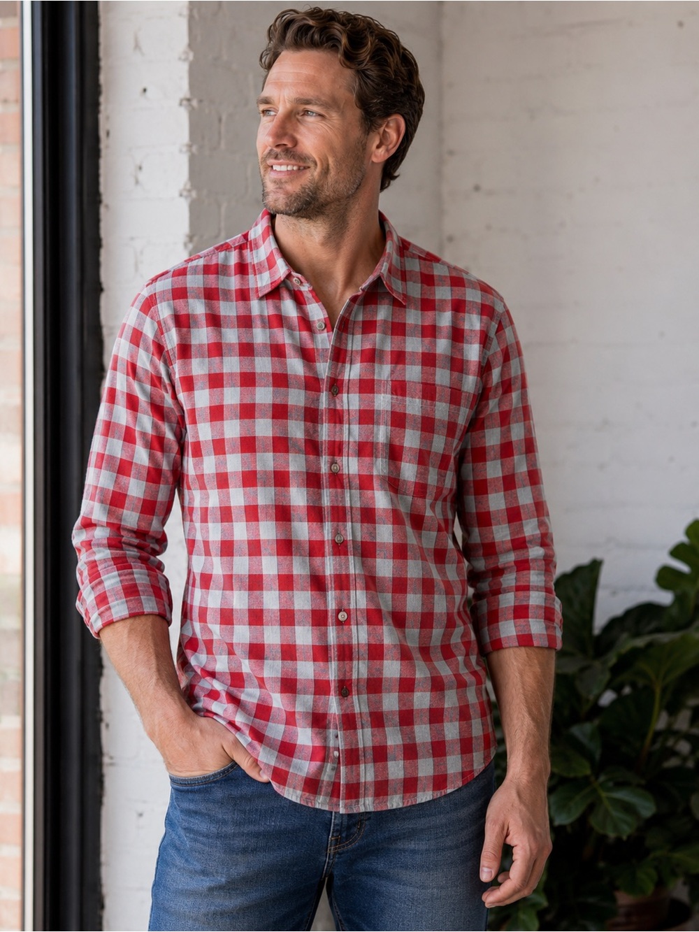 GAP Buffalo Check Button Down Shirt Men’s XL Slim Fit Red Gray Plaid NWT